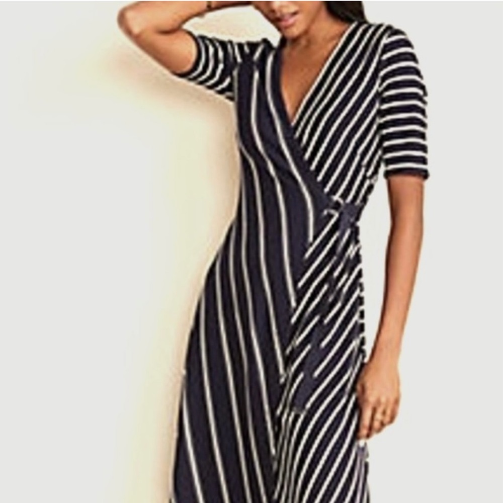 ANN TAYLOR Navy/White Mixed Stripe Wrap Dress SZ XS NEW!! - Picture 1 of 5